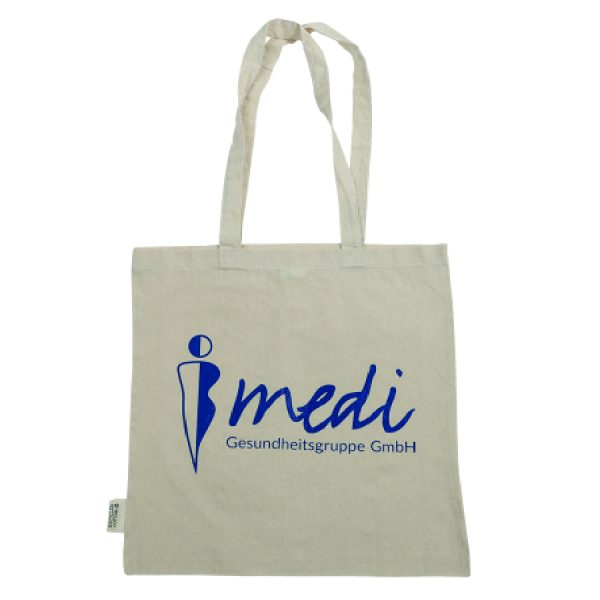 Tasche aus recycelter Baumwolle mit blauem Aufdruck