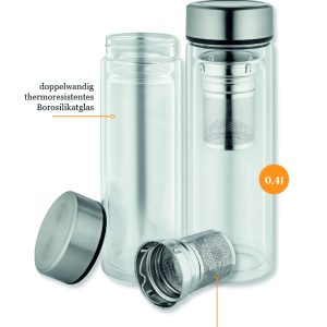 Glasflasche mit Edelstahldeckel und integriertem Teesieb
