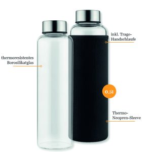 Glasflasche mit Edelstahldeckel und Sleeve