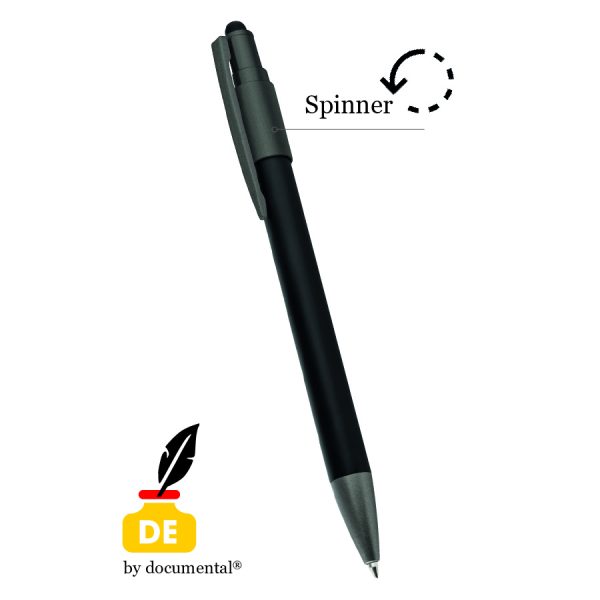 schwarz/grauer Aluminium-Kugelschreiber mit Spinfunktion und Dokumental-Tinte