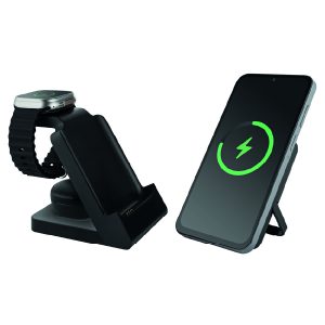 Darstellung der Aufstellfunktoon und Lademöglichkeiten für Uhr und Kopfhörer